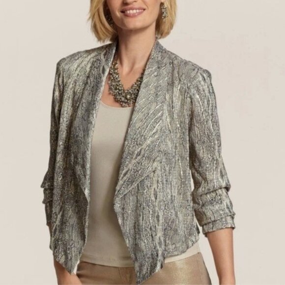 CHICOS Metallic Jacket Medium (Chicos1) Gold Snake Stretch Women Evening Top NWT - Picture 2 of 11